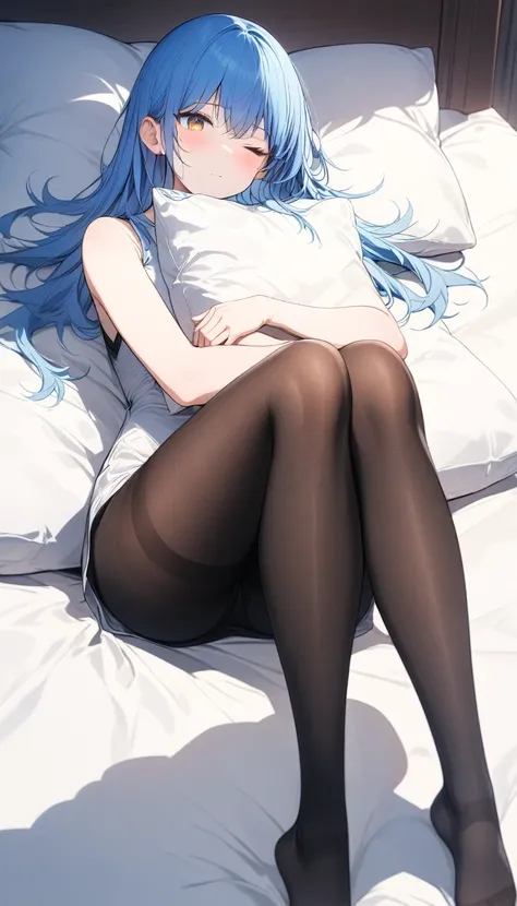 (masterpiece, best quality, high quality, high resolution, Extremely detailed),1 Girl,A girl lying on the bed，girl holding pillow，Enjoy，Big ，Solitary,beautiful eyes,Blue hair,Golden Eyes,,Happy,Close one eye,Solitary,thighband pantyhose