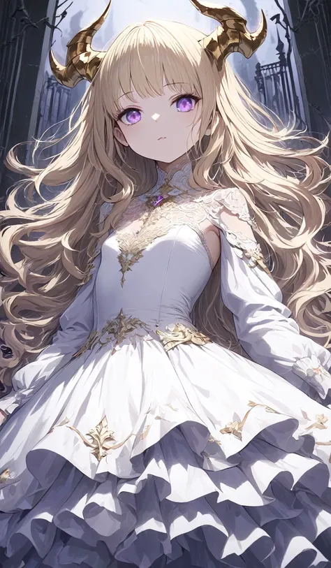 Masterpiece, very detailed, ultra detailed, one, (1 girl), she is in a complex white dress, and in an elegant position, small, childrens style, long golden hair and parting on the sides, golden demonic horns, beautiful, charming, purple eyes, elegant, smal...