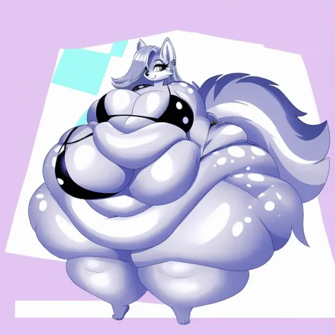 Silver wolf, female, long silver hair, shiny hair,huge breasts, huge hips, huge thighs, plump, voluptuous, gorgeous, beautiful, eyelashes, morbidly obese, fat arms, fat legs, deep navel, earrings, silver eyes big tail,bikini, white spots 