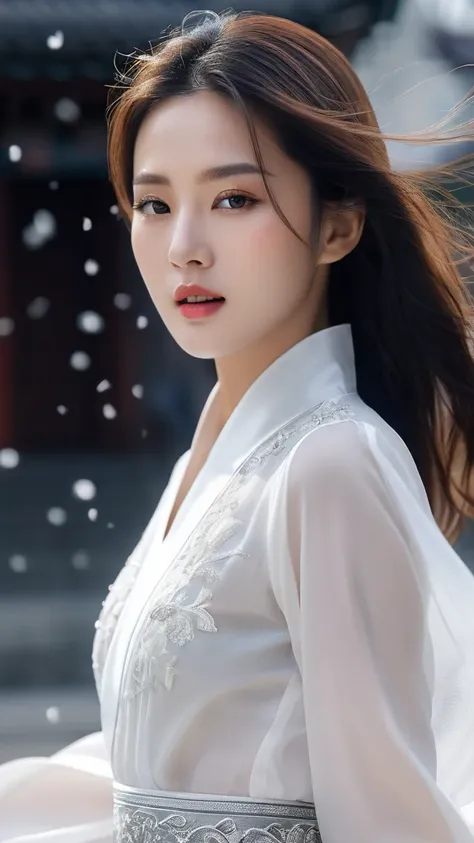 Beautiful Korean woman, (((Mika Maria))), (Motion Blur:1.3), Stunningly beautiful face, Black and white close-up,A woman wearing exquisite white Korean traditional clothing, Flying in the air like China ,Crazy Spin, There are translucent air particles at t...