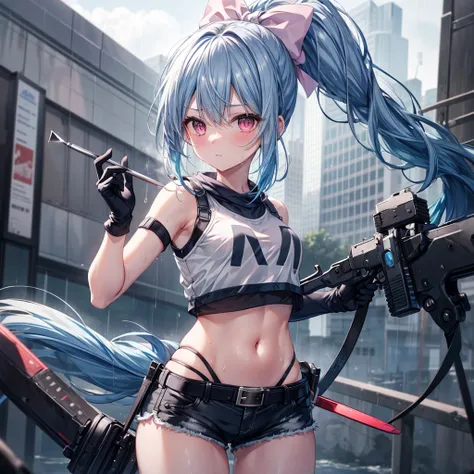 ((Highest quality)), ((masterpiece)), ((detailed)), (4K), a girl with blue hair and a top with short sleeves holding a screw driver, 1girl, 独奏, long hair, blue hair, navel, gloves, shorts, breasts, sweat, wrench, short shorts, very long hair, underwear, pa...