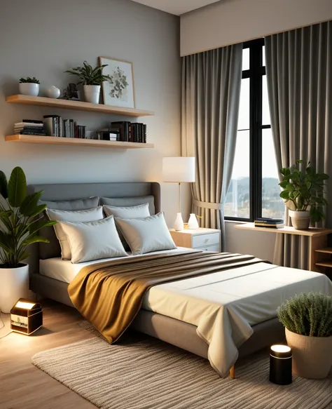 modern bedroom, cenery, indoors, window, lamp, bed, table, curtains, pillow, couch, chair, cup, bedroom, television, blanket, bo...