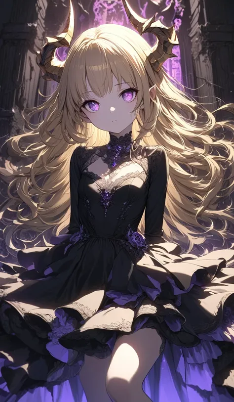 Masterpiece, very detailed, ultra detailed, one, (1 girl), she is in a complex black dress, and in an elegant position, small, childrens style, long golden hair and parting on the sides, golden demonic horns, beautiful, charming, purple eyes, elegant, smal...