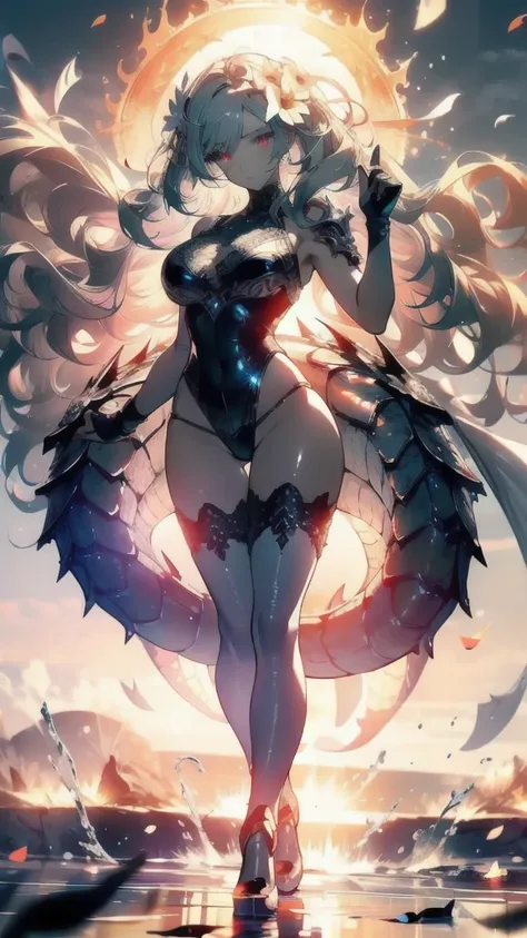 ((masterpiece, best quality)), Epic battlefield atmosphere，Delicate face，Dragon Girl，sunshine，whole body，Standing picture，glowing eyes，Large Breasts，Gradient white long wavy hair，Perfect body proportions，Pure white background，Water Ripples，Lace，flower，Fall...