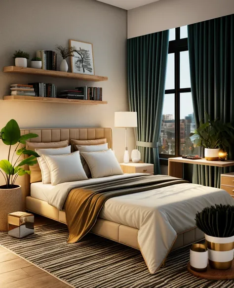 modern bedroom, cenery, indoors, window, lamp, bed, table, curtains, pillow, couch, chair, cup, bedroom, television, blanket, bo...