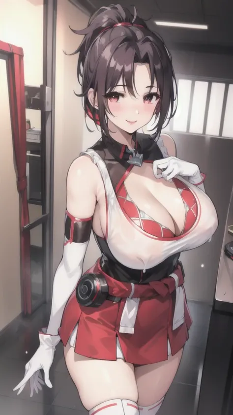 18 year old girl，baby face，Dark red short hair，Ponytail hairstyle，Smile，Huge breasts，Cleavage，Transparent red sleeveless top，Leave space in the middle to reveal Cleavage，Soaked all over，blush，Red eyes，female spy，red miniskirt，White gloves，White hand sleeve...