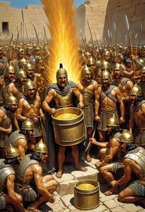 "A detailed image of Parthian soldiers preparing to execute Crassus, holding a container of molten gold. Crassus has a look of terror and desperation on his face."
Size: "1024x1024"