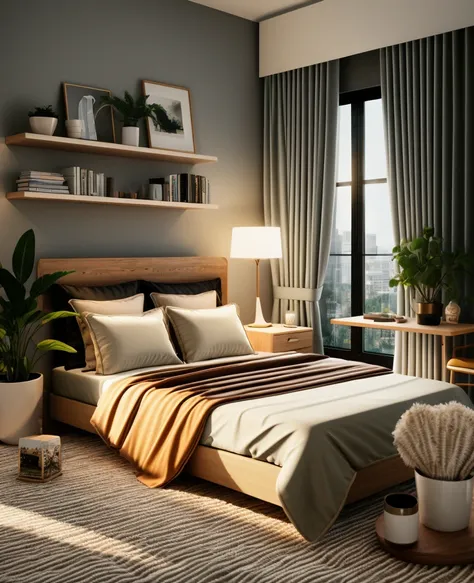 modern bedroom, cenery, indoors, window, lamp, bed, table, curtains, pillow, couch, chair, cup, bedroom, television, blanket, bo...