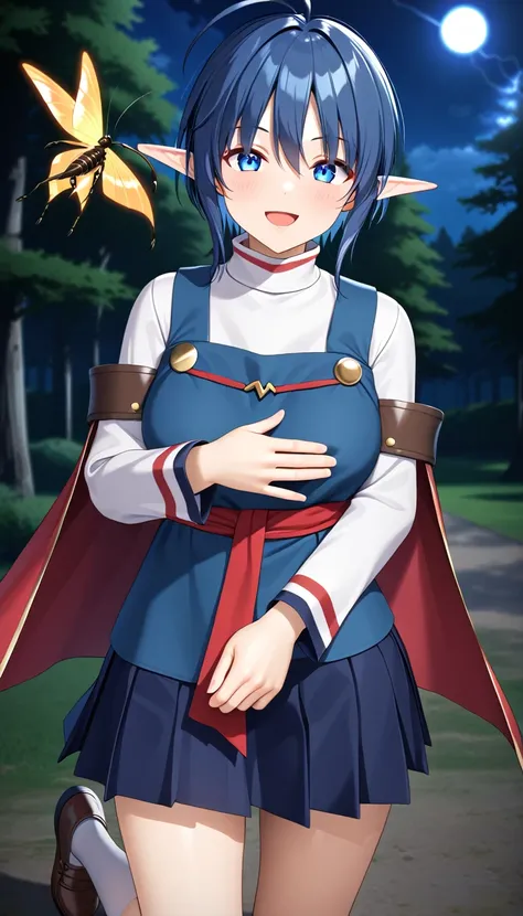 1girl, RENA LANFORD, 1GIRL, AHOGE, BLUE HAIR, SHORT HAIR, BLUE EYES, POINTY EARS
CRESCENT HAIR ORNAMENT, RED CAPE, BLUE VEST, LEATHER ARMOR, RED RIBBON, WAIST RIBBON, BLUE SKIRT, MINISKIRT, SHOES, BREAK kawaii, smile, cowboy shot, own hands clasped, forest...