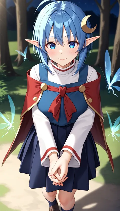 1girl, rena lanford, 1girl, ahoge, blue hair, short hair, blue eyes, pointy ears
crescent hair ornament, red cape, blue vest, le...