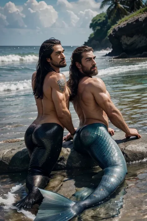 Two male mermaids, muscle bodybuilders, back, mermaid tails, sexy, beard, black longhair, lie on water, wallpaper