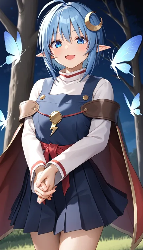 1girl, RENA LANFORD, 1GIRL, AHOGE, BLUE HAIR, SHORT HAIR, BLUE EYES, POINTY EARS
CRESCENT HAIR ORNAMENT, RED CAPE, BLUE VEST, LEATHER ARMOR, RED RIBBON, WAIST RIBBON, BLUE SKIRT, MINISKIRT, SHOES, BREAK kawaii, smile, cowboy shot, own hands clasped, forest...