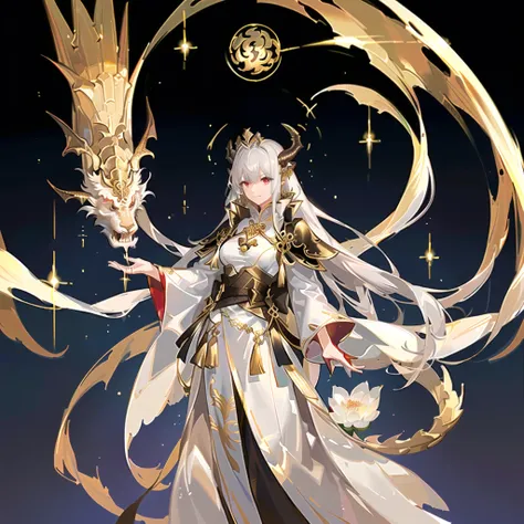 he has huge silver-scaled and golden-bone dragon wings on his back.。golden horns on the head，there are solar prominences around，...