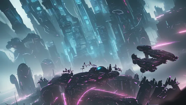 Cyberpunk，Graphic illustration，postegure，Clear foreground details，Simple Vision，Wide-angle view，futuristic city，Neon，Sci-fi vehicles，Drones，Mechanical structure，figure背面，Overlooking，Vanishing Point