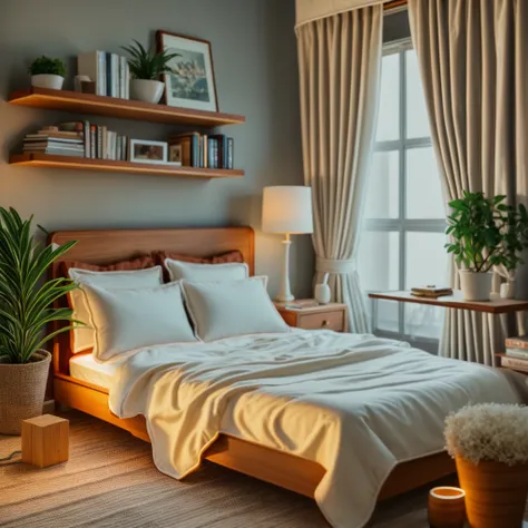 modern bedroom, cenery, indoors, window, lamp, bed, table, curtains, pillow, couch, chair, cup, bedroom, television, blanket, bo...