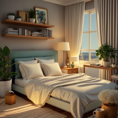 modern bedroom, cenery, indoors, window, lamp, bed, table, curtains, pillow, couch, chair, cup, bedroom, television, blanket, bo...