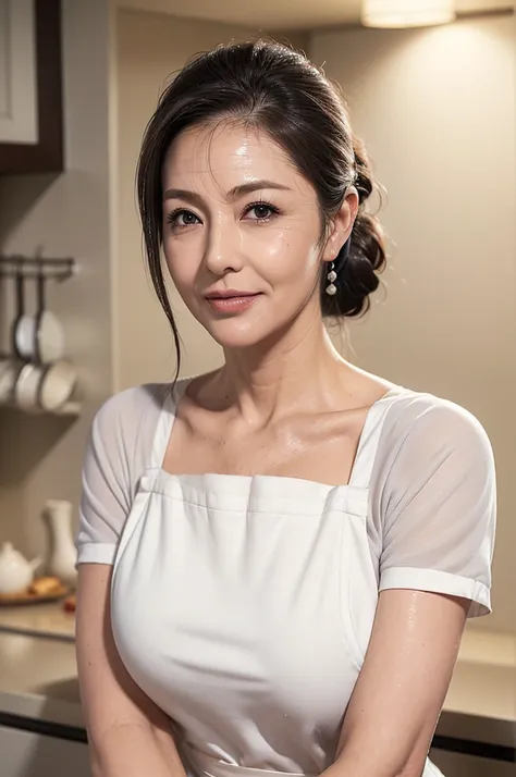 (masterpiece:1.4),(59 years old female :1.5),(facial wrinkles:1.2), (side ponytail hair : 1), gentle smile, beautiful mature wom...