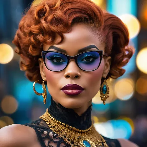 professional portrait, goth girl, african-american velma from scooby-doo, voluptuous, a woman wearing glasses and lingerie, gorg...