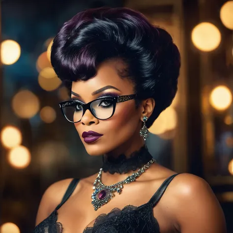 professional portrait, goth girl, african-american velma from scooby-doo, voluptuous, a woman wearing glasses and lingerie, gorg...