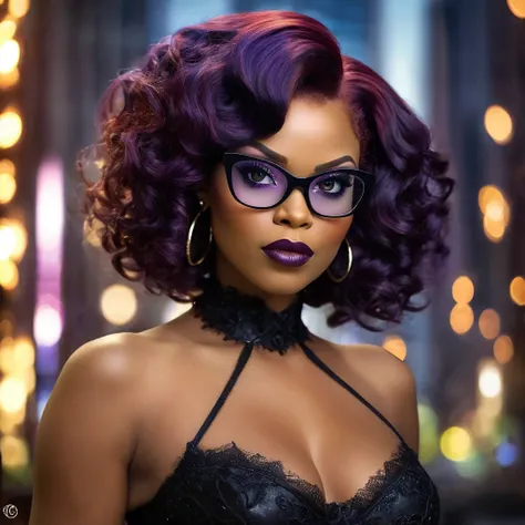 professional portrait, goth girl, african-american velma from scooby-doo, voluptuous, a woman wearing glasses and lingerie, gorg...