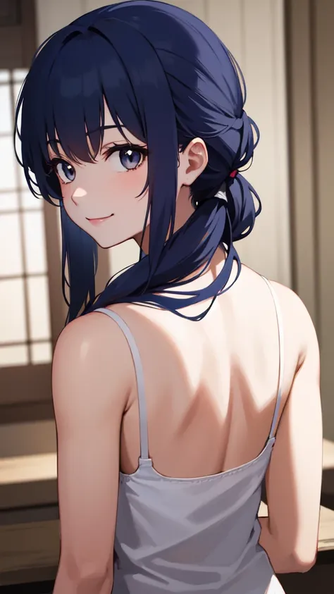 gonzarez, masterpiece, , 1girl, solo, smile, blue hair, dark blue slate grey eyes, long hair, back ponytail, yellow clips on hai...