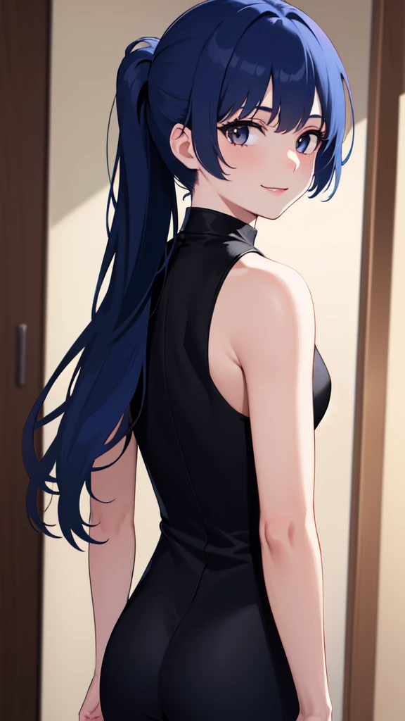 gonzarez, masterpiece, , 1girl, solo, smile, blue hair, dark blue slate grey eyes, long hair, back ponytail, yellow clips on hair, 4k 