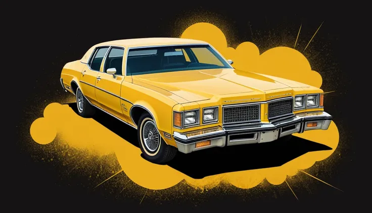 artwork for t-shirt graphic design, modern graphic design, oldsmobile delta 88 1973, yellow, bold yellow color, scratches on rus...