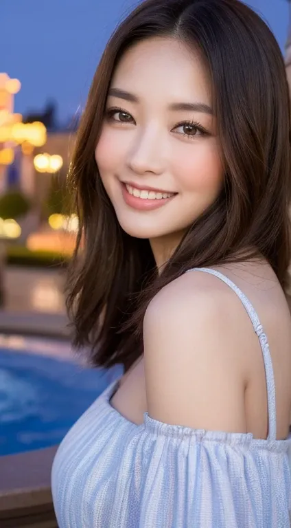 ((night scene, realistic light, best quality, 8K, Masterpiece: 1.3)), 1 woman, slim body beauty: 1.4, brown hair, (big: 1.3), off shoulder cut top: 1.3, Extraordinarily detailed face, Detailed eyes, Double eyelids, Disneyland, fountain, castle, fireworks, ...