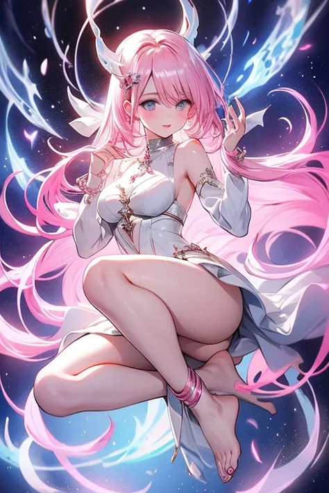 Pink Hair、Big Breastysterious、Elegant face、Beautiful eyes、Silver eyes、1 Beautiful Girl、The clothes are silver and metallic.、Beautiful feet、Nice body proportions