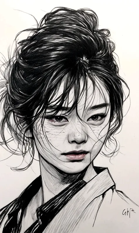 a drawing of a woman with a messy hair and a tie, a detailed drawing by kim hwan-gi, tumblr, hyperrealism, extremely detailed po...