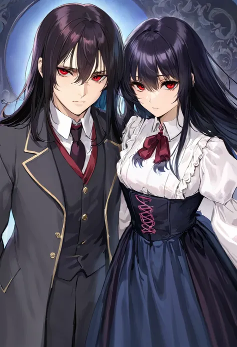 a man with black hair, which he wears to a side parting and blue eyes and a serious face together with a woman. the red eyes, ha...