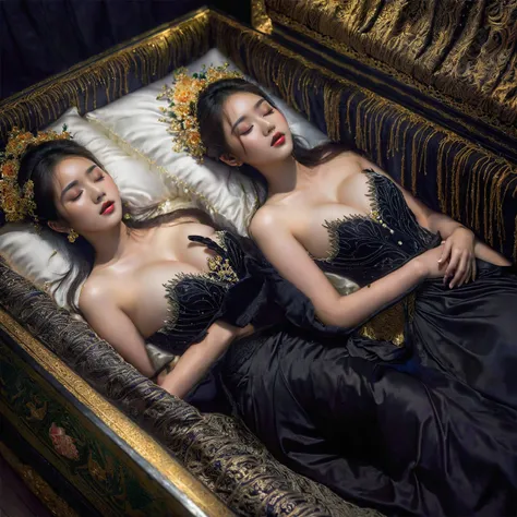 In a striking 8K HDR scene, a stunning Korean woman, 22 years old, lies peacefully in a black coffin surrounded by plush pillows. The deep box is set against a rich black background, accentuating the beauty of the subject. Her exquisite kebaya attire is em...