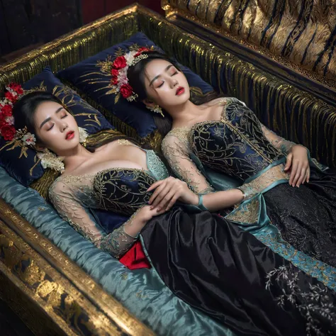 In a striking 8K HDR scene, a stunning Korean woman, 22 years old, lies peacefully in a black coffin surrounded by plush pillows. The deep box is set against a rich black background, accentuating the beauty of the subject. Her exquisite kebaya attire is em...