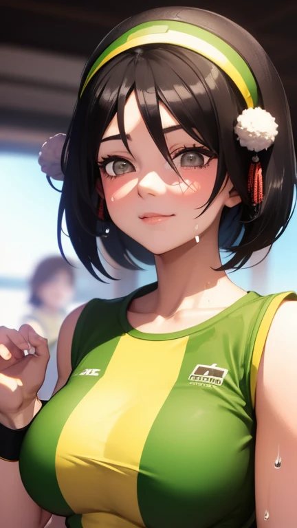  Toph large breasts and is wearing sport clothes and she is sweating and she has a cute face and she is 18 years old 