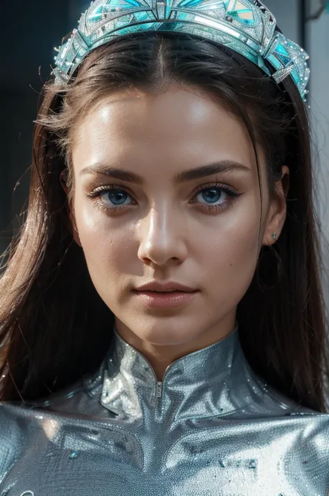 Create an image of an elegant, futuristic woman with a smooth, symmetrical face. She should have strikingly large blue eyes and iridescent skin adorned with subtle circuit-like patterns. Her ethnicity is Caucasian, featuring refined and universally attract...