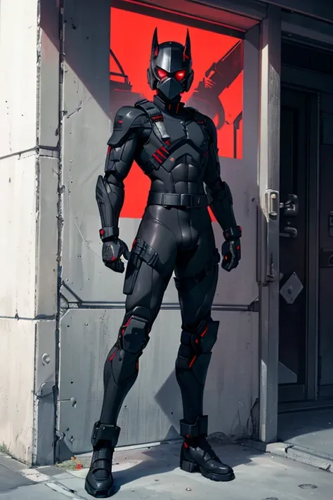 male, red eyes, robot, (((1boyl))), (((black full body tactical bodysuit))), (black gauntlets), (black boots), (black shoulder guards), (black hip guards), (black tactical helmet), (black face mask), (black tactical belt), long legs, muscular