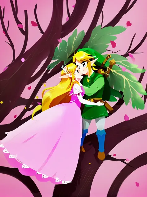 (best quality，8k，ultra-high resolution，masterpiece)，super fine，illustration，princess zelda，link，couple，love，embrace，under the tr...