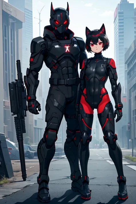 male, red eyes, robot, (((1boyl))), (((black full body tactical bodysuit))), (black gauntlets), (black boots), (black shoulder guards), (black hip guards), (black tactical helmet), (black face mask), (black tactical belt), long legs, muscular