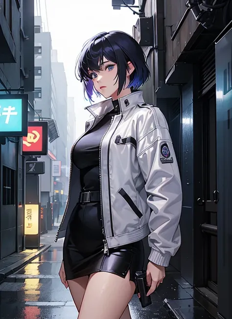 「Back alley of a futuristic city on a rainy night。Motoko Kusanagi is wearing a leather jacket.、Walking quietly with a gun in his hand。Holographic advertisements and neon signs glow all around her.、The whole alley is enveloped in a fantastical sight.。Raindr...