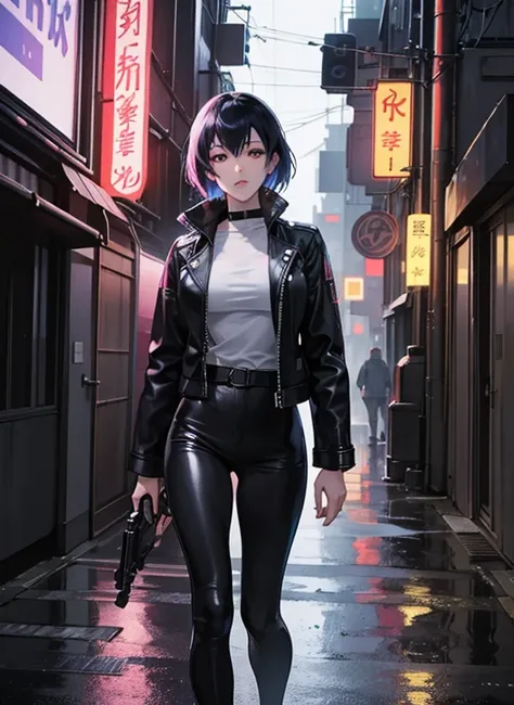 「Back alley of a futuristic city on a rainy night。Motoko Kusanagi is wearing a leather jacket.、Walking quietly with a gun in his hand。Holographic advertisements and neon signs glow all around her.、The whole alley is enveloped in a fantastical sight.。Raindr...