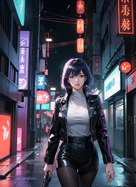 「Back alley of a futuristic city on a rainy night。Motoko Kusanagi is wearing a leather jacket.、Walking quietly with a gun in his hand。Holographic advertisements and neon signs glow all around her.、The whole alley is enveloped in a fantastical sight.。Raindr...