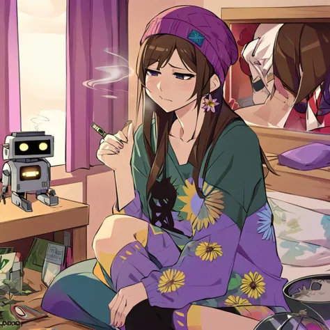 Adult female, robot, messy neck-length brown hair, indifferent, apathetic, hippie, beanie, baggy hipster clothing, sunken eyes, brown irises, hippie bedroom, one feather earing, smoking marijuana, highly detailed, best detail, high quality, perfect anatomy...