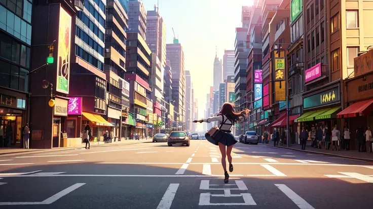 An anime girl walking confidently through a bustling city street at sunrise, holding a guitar case in one hand. She is wearing a casual yet stylish outfit, with a joyful and determined expression on her face. Her hair flows gently in the morning breeze as ...