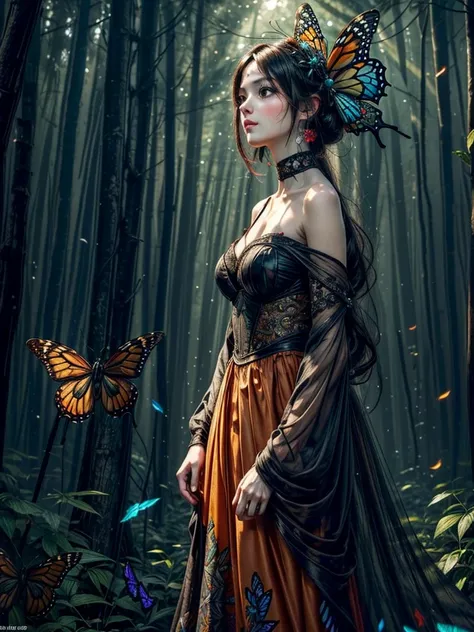 Beautiful dark haired woman covered entirely by millions of Monarch orange black and red butterflies like a second skin a gossamer dress that is almost part of her, covered in butterflies, as if they are coming out of her chest her heart, dappled sun beams...