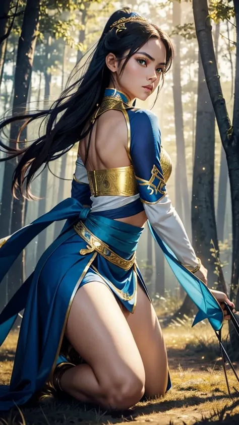 **Character Description:**
- **Outfit:** The character wears an outfit predominantly made of white and blue material with elegant hints of gold. The top is a fitted white tunic with blue accents running along the edges and intricate golden embroidery on th...