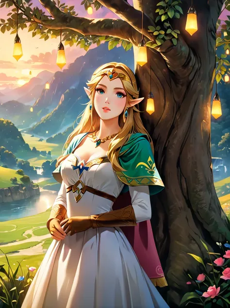 (Best quality，8K，Ultra-high resolution，masterpiece)，Super Fine，illustration，Princess Zelda，Link，Couple，Love，Embrace，under the tree，fantasy，(the legend of zelda)，beautiful eyes，Beautiful lips，Super Fine的眼睛和脸，Long eyelashes，Long hair，romantic，close，Warm Ligh...