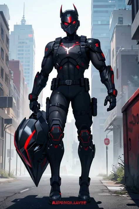 male, red eyes, robot, (((1boyl))), (((black full body tactical bodysuit))), (black gauntlets), (black boots), (black shoulder guards), (black hip guards), (black tactical helmet), (black face mask), (black tactical belt), long legs, muscular