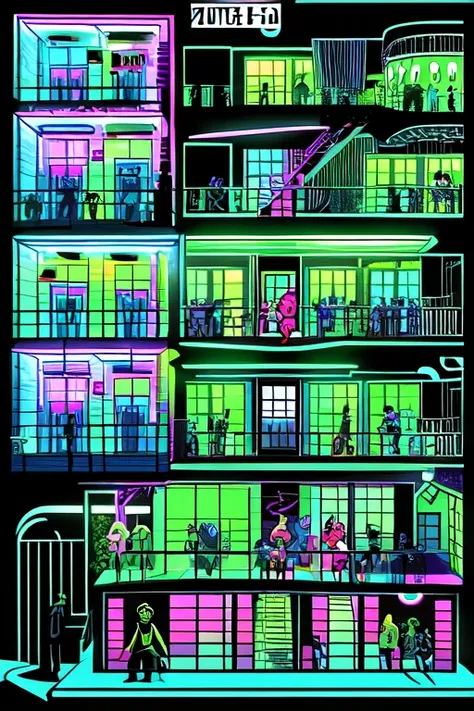 crowds of zombies, (infinite loop), (staircase), (poster style),(line art), (nightclub), (neon colouring), (different levels), (dolls house), (comic book), (side profile), (hotel side view blueprint), (5 stories)

