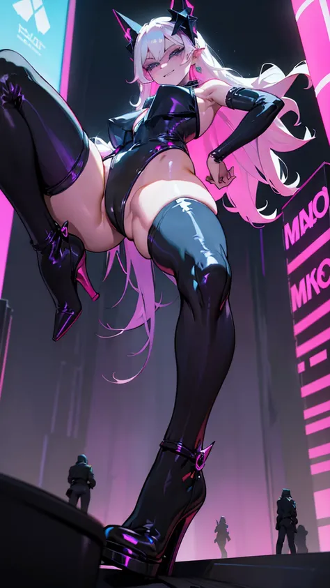 A provocative giantess in a skimpy black leather outfit, with long platinum blonde hair and seductive blue eyes, strides through a neon-lit cyberpunk city. She crushes sleek cars and towering billboards under her stiletto heels, her powerful legs creating ...