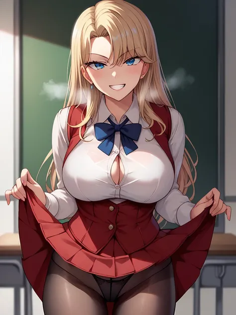 score_9, score_8_up, score_7_up, score_6_up, score_5_up, score_4_up, (reika kurashiki), (front view), (2d anime style), (long blonde hair), large breasts, (white shirt), (red vest), (red skirt), (black transparent pantyhose), (sexy black string panties), s...